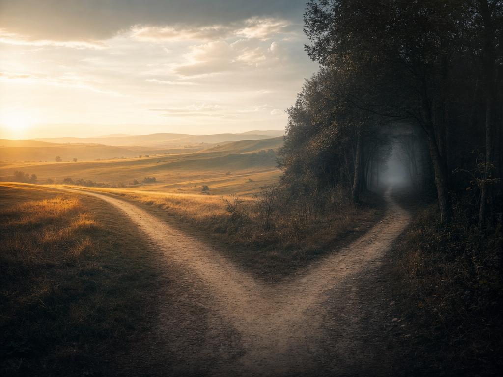 A single path forking into two roads at dawn — one opening into bright country, the other narrowing into a dim fog-filled corridor