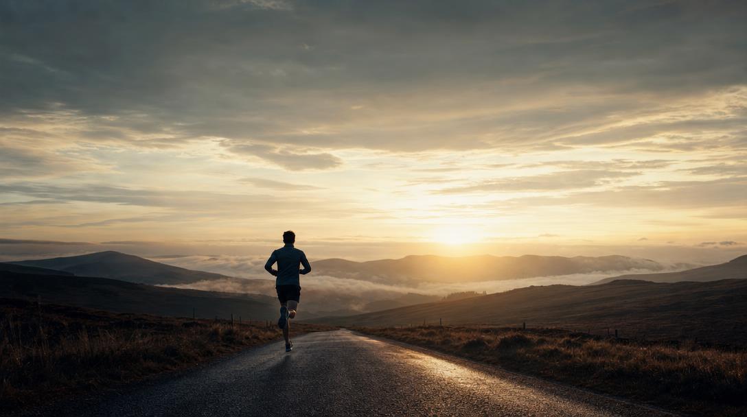 A lone runner on a long road climbing toward a glowing dawn horizon