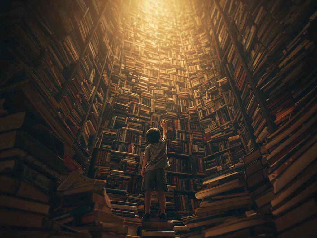 A small child reaching upward at the base of an immense tower of books rising into glowing light