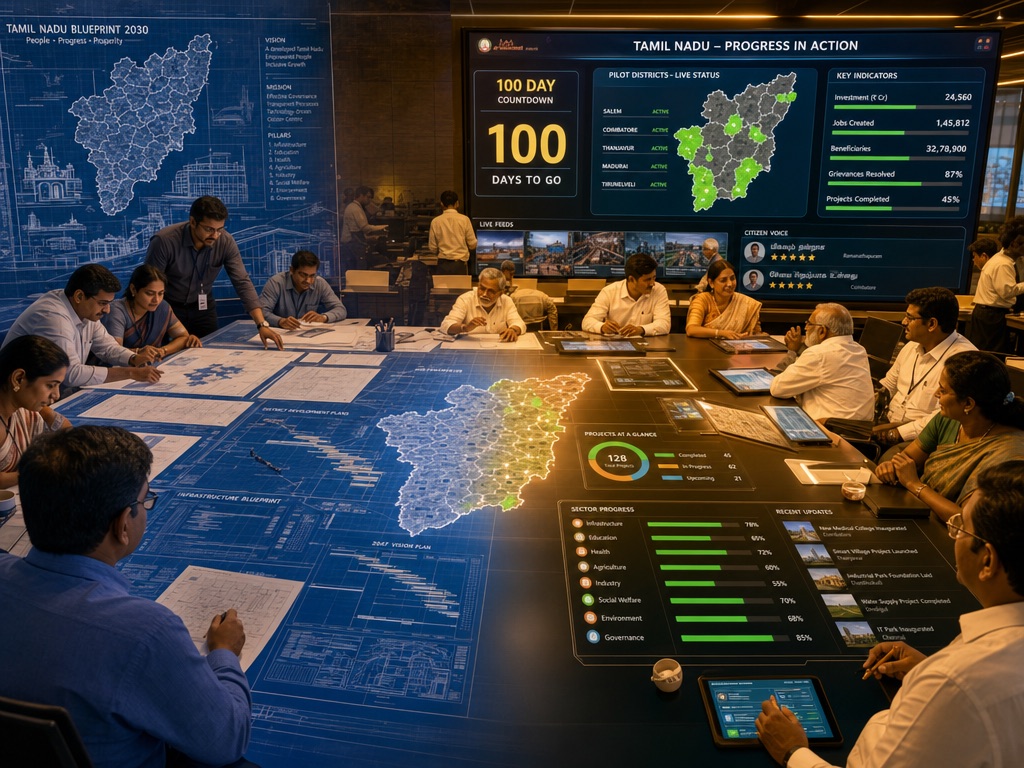 A Tamil Nadu government war room with officials around a table, 100-Day Countdown dashboard and district progress maps on screens