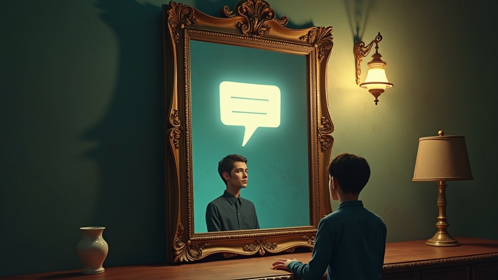 A large mirror reflecting a chat bubble — the AI that only shows you what you want to see