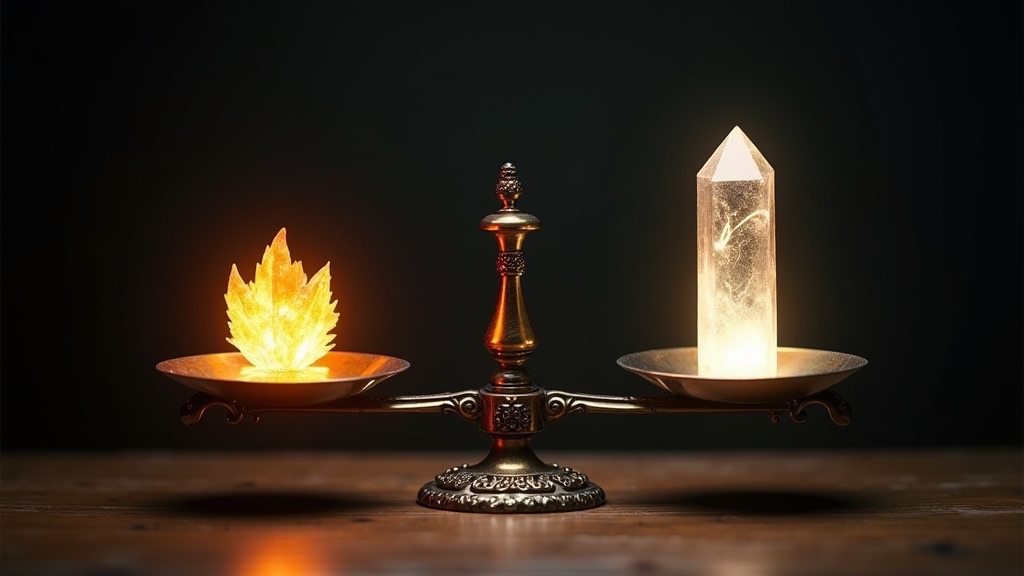 A balance scale with comfort on one side and truth on the other, delicately weighted