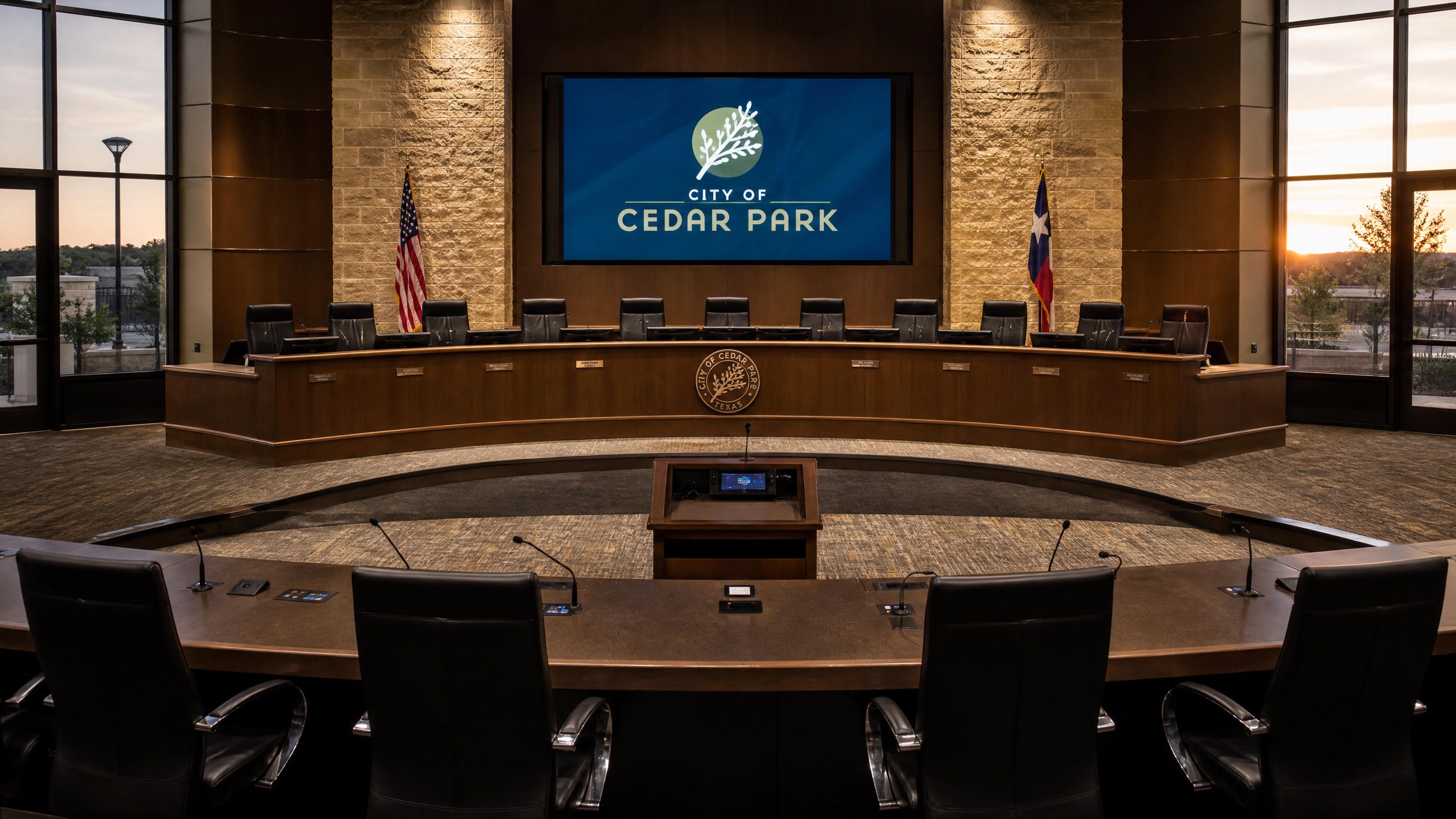 Cedar Park city council chamber at dusk with digital screen