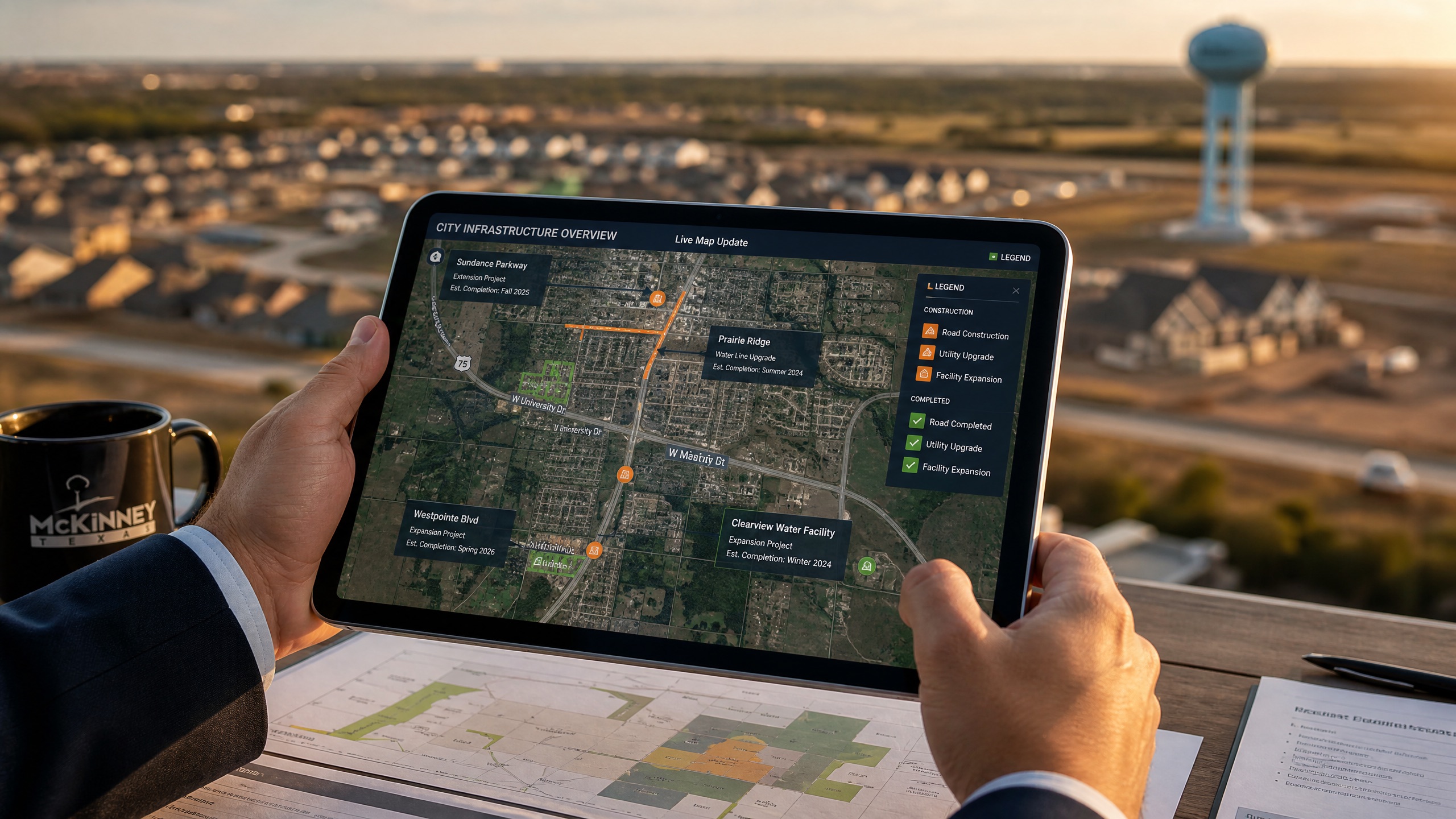 A city official reviews a real-time infrastructure map on a tablet with suburban development in the background