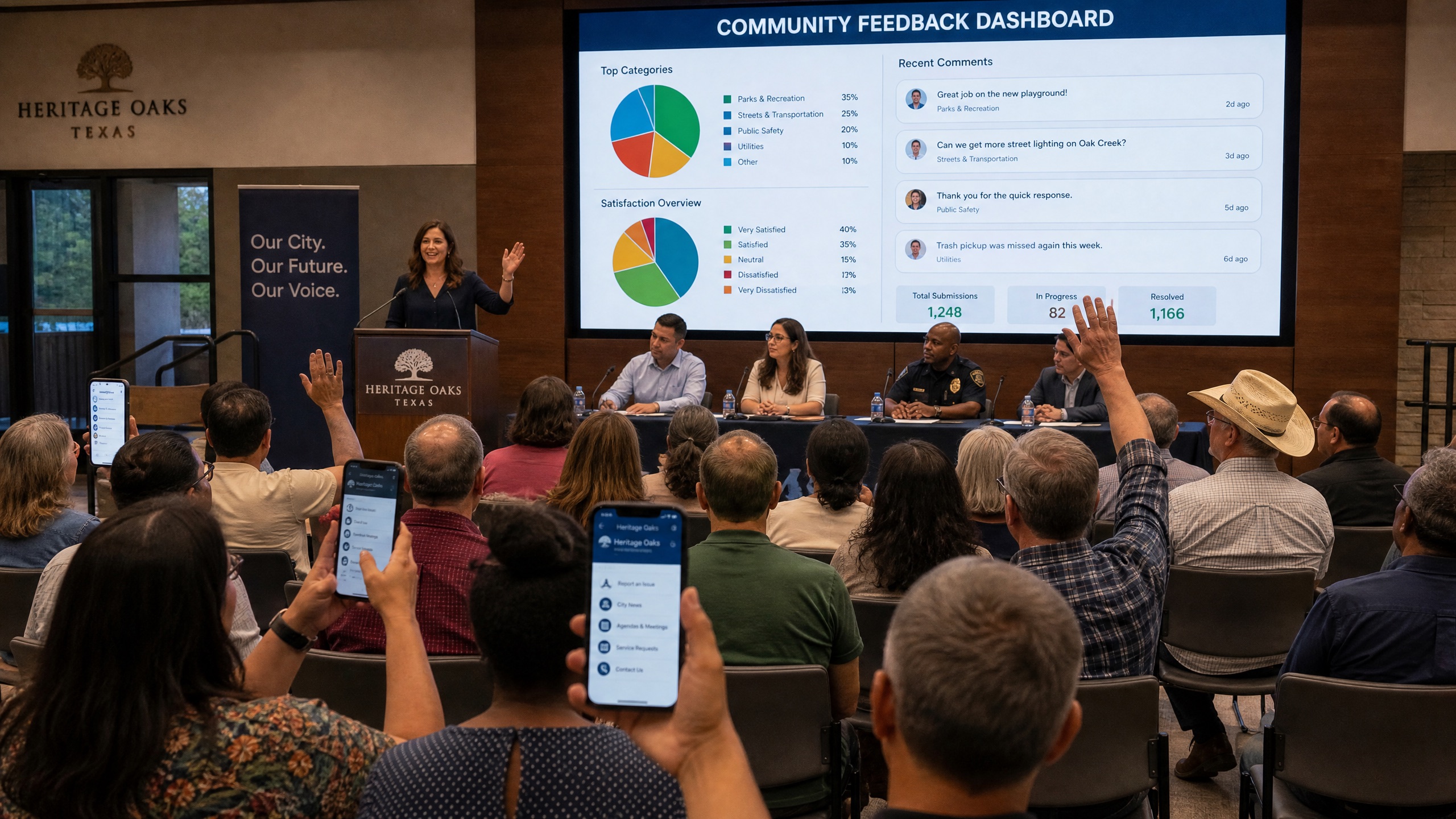 Diverse Cedar Park residents at a town hall meeting engaging with a community feedback dashboard