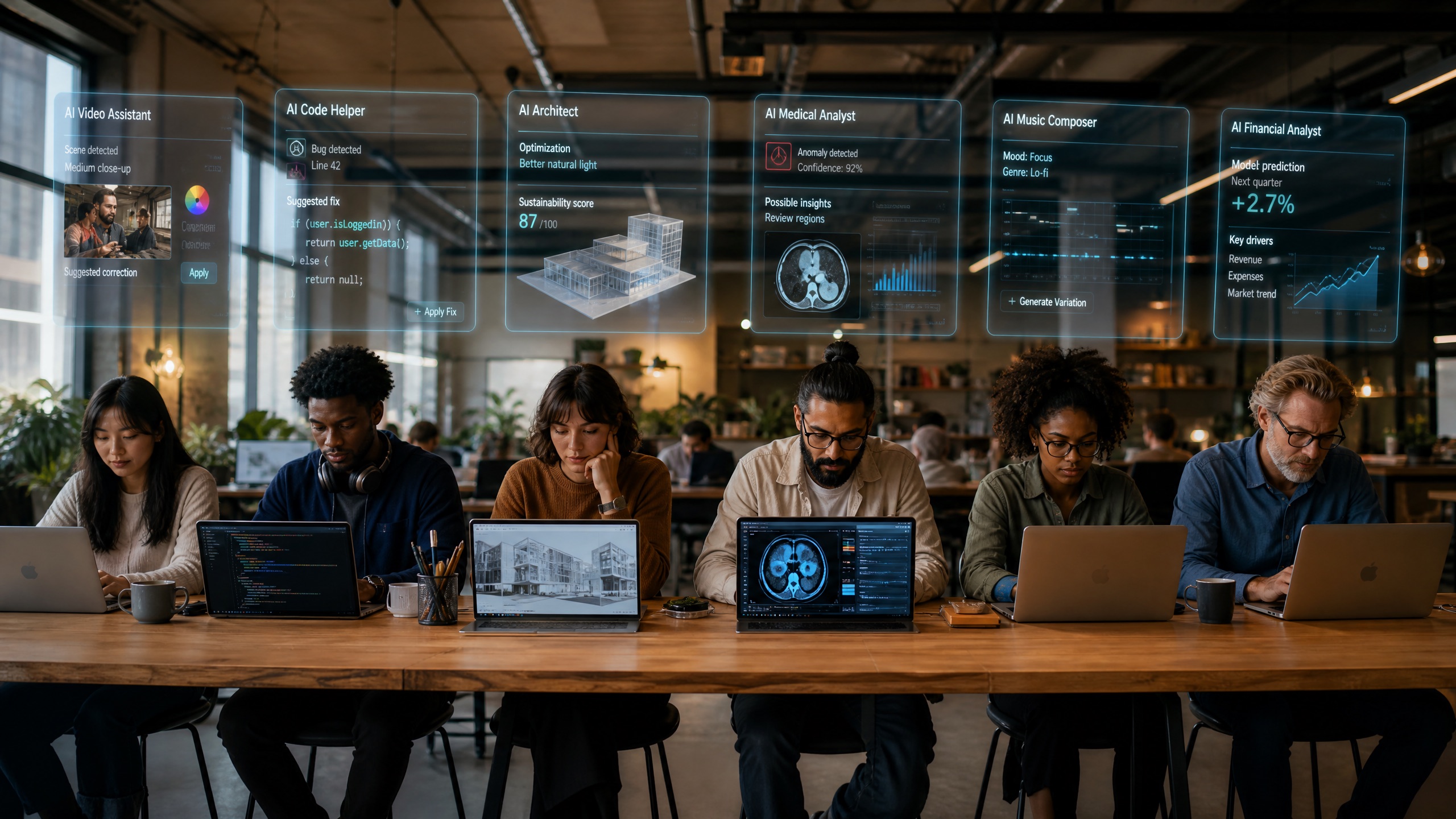 Diverse people at a shared table each working on different domains - video editing, coding, architecture, medical data, music, financial modeling