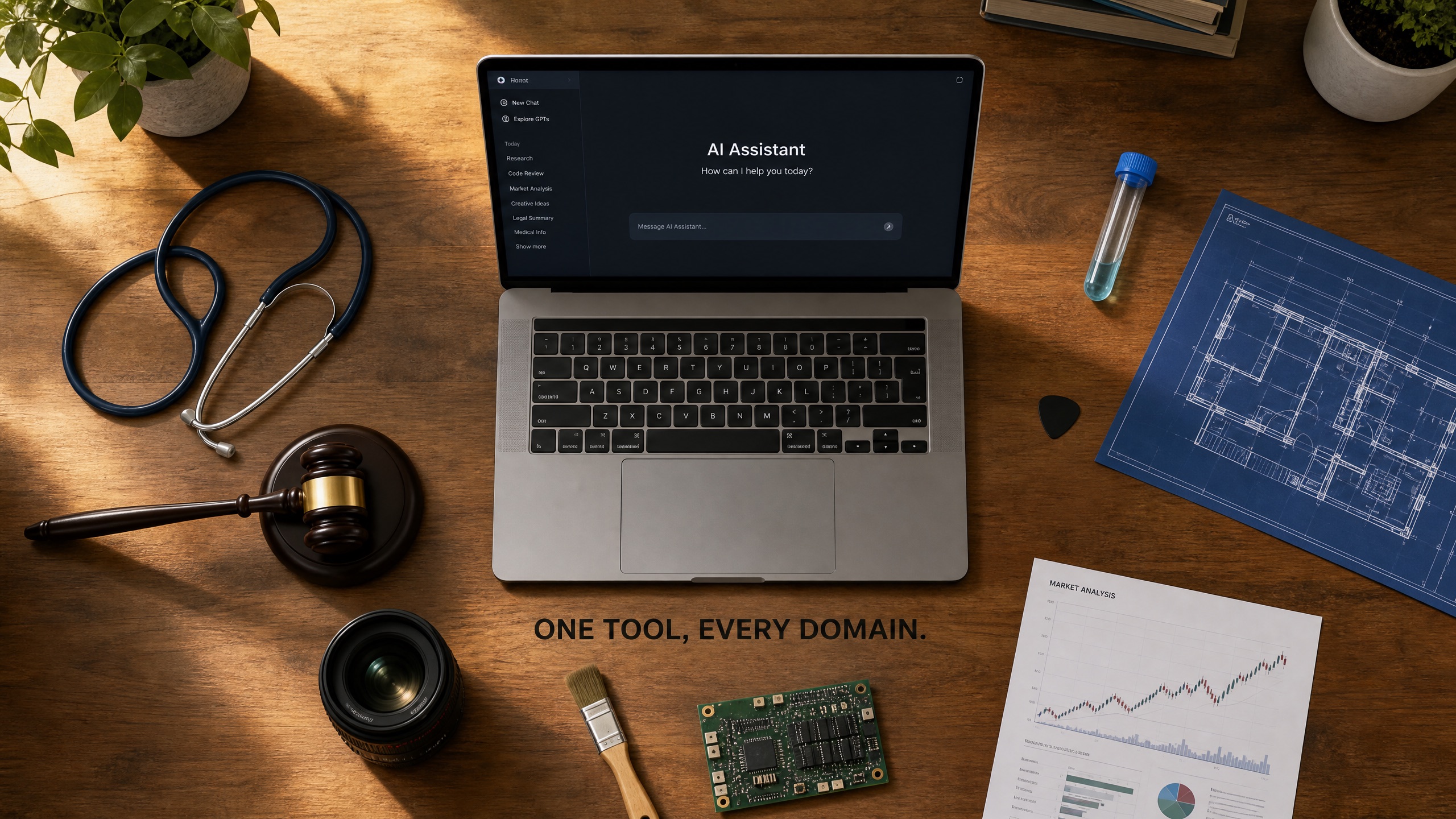 A laptop surrounded by objects representing different domains: stethoscope, gavel, camera lens, paintbrush, circuit board, blueprint, and guitar pick