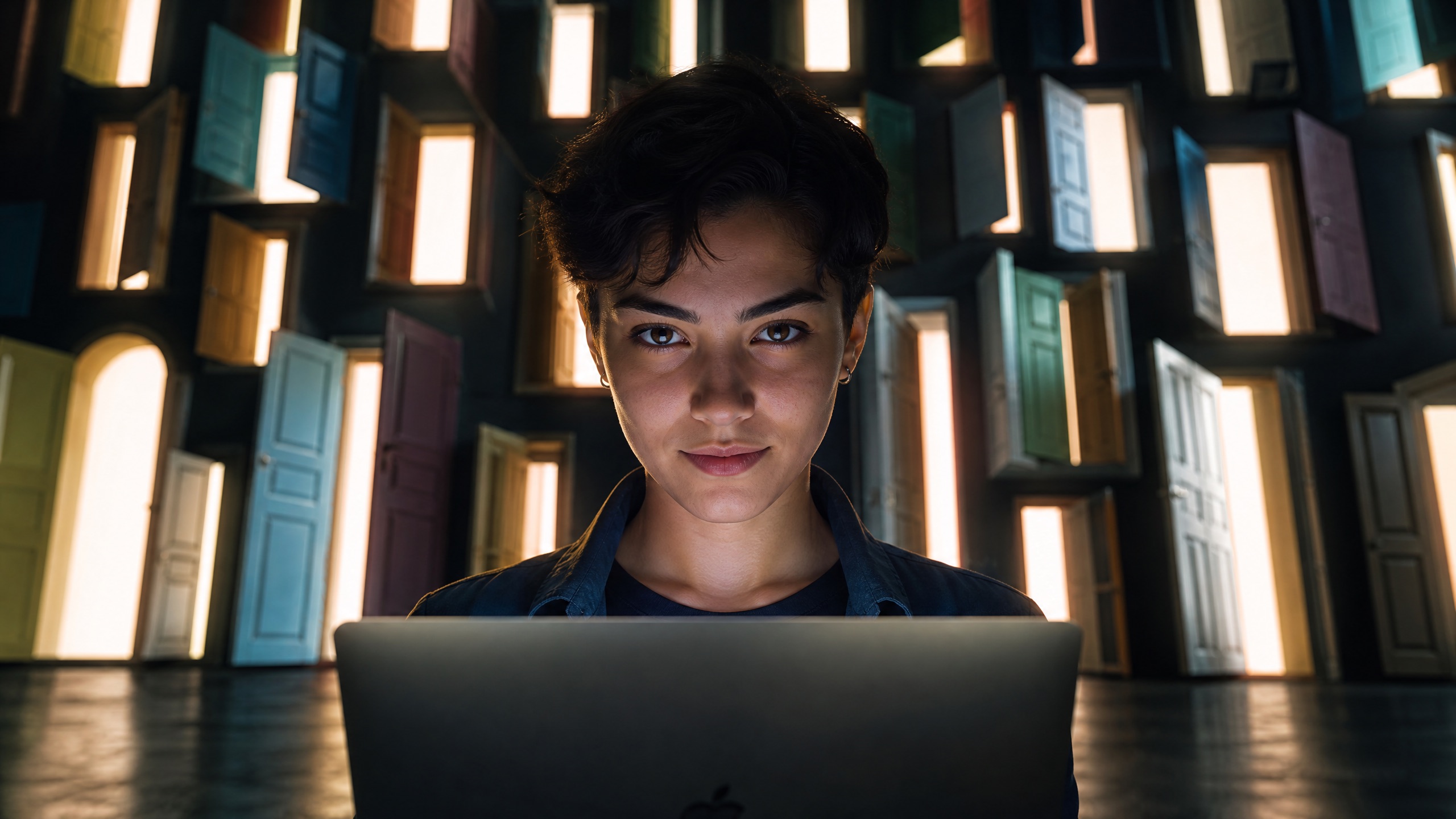 A person holding a glowing laptop in front of a wall of wide-open doors representing different career paths and life domains