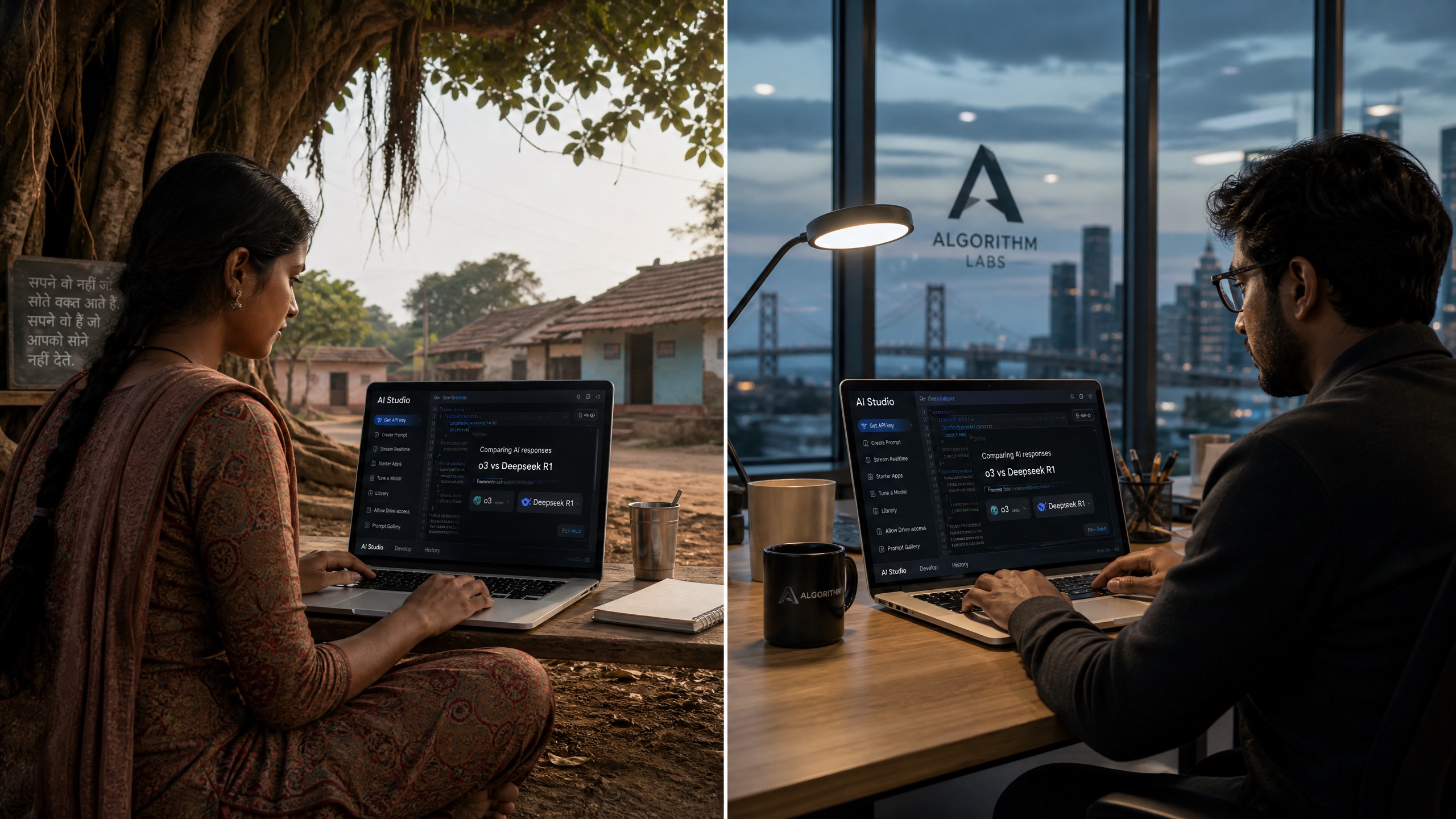 Split image showing equal access to AI tools across the globe