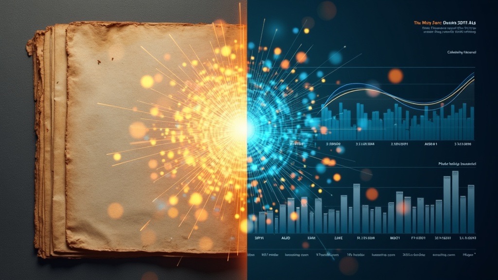 An old manifesto document beside a modern digital dashboard showing real-time governance metrics