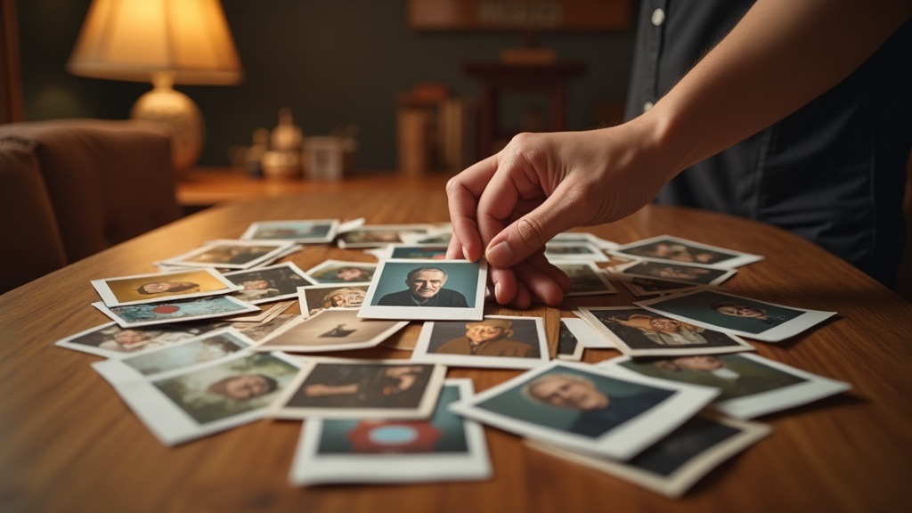 A hand carefully selecting from a spread of photographs on a wooden table — the act of choosing what to remember