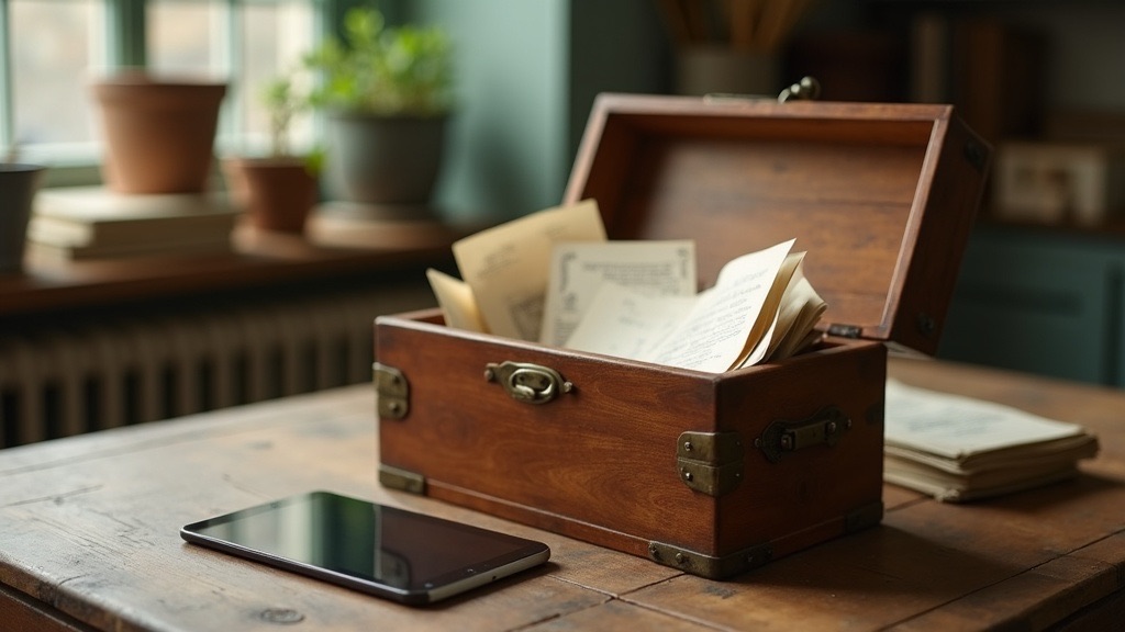 A wooden keepsake box with old letters and photographs beside a modern tablet — past and present memory