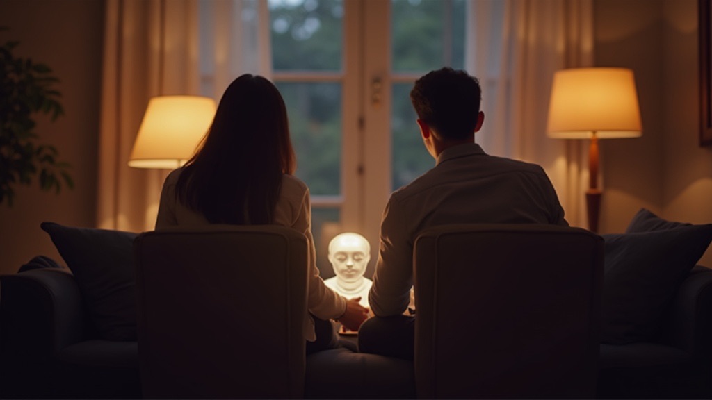 A couple on a couch with a glowing AI device between them — the third voice in the room