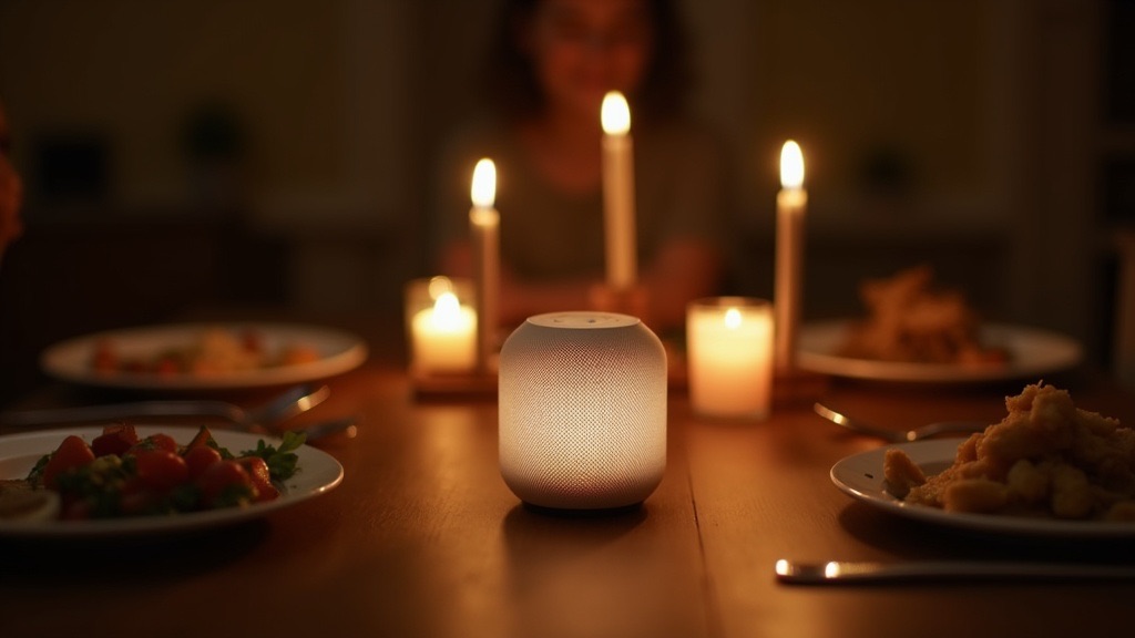 A family dinner table with a smart speaker glowing softly at the center, warm candlelight and intimate setting