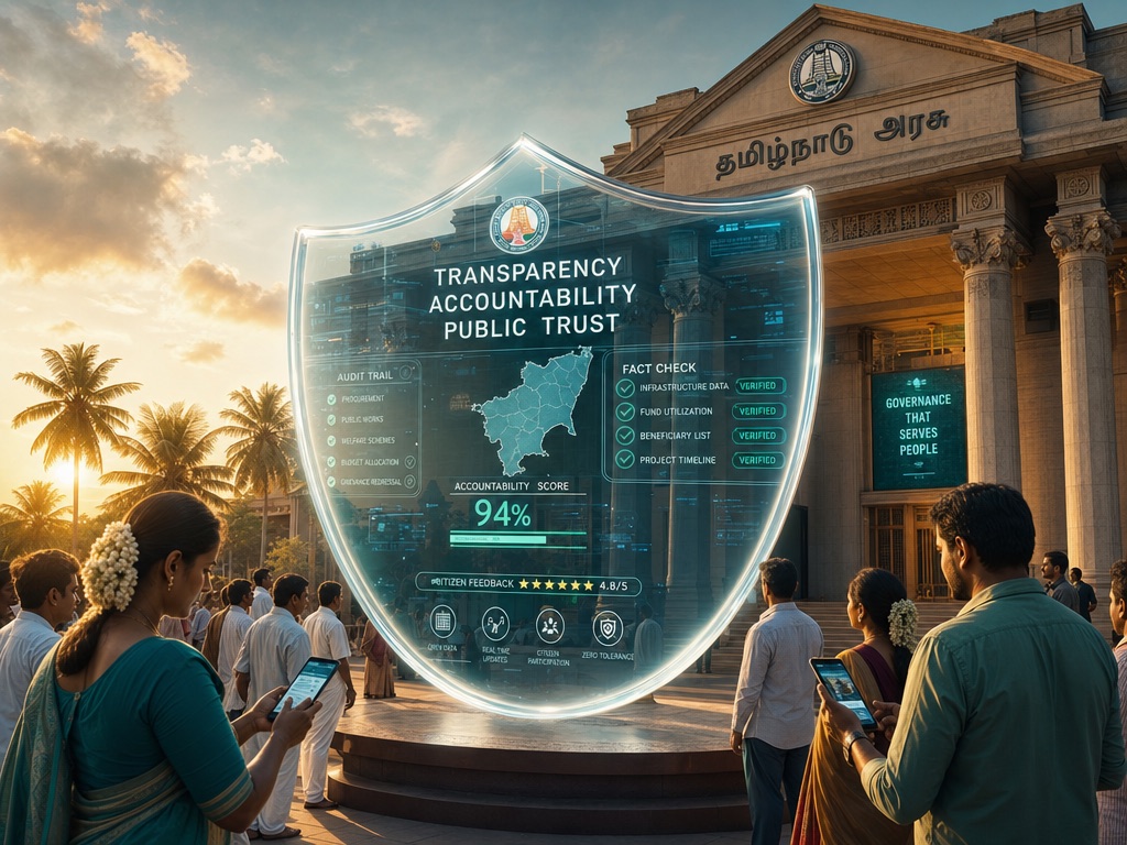 A giant transparent shield displaying Transparency, Accountability and Public Trust stands before the Tamil Nadu government building as citizens check their phones