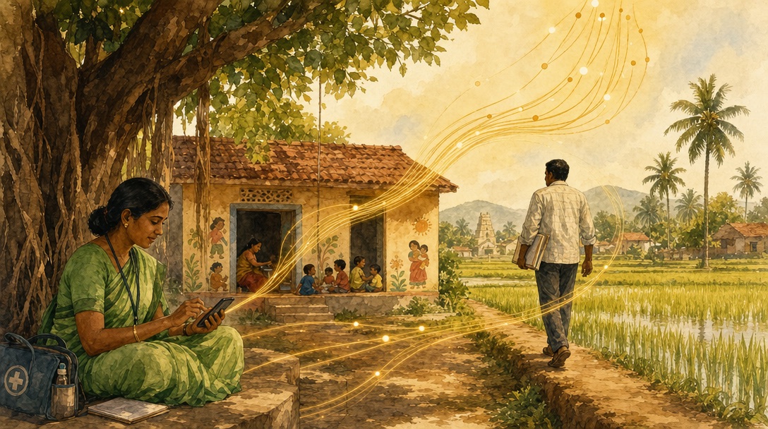 Watercolor illustration of rural Tamil Nadu — an ASHA worker under a banyan tree entering data on a smartphone, a VAO walking along paddy fields, golden data threads flowing upward from the village