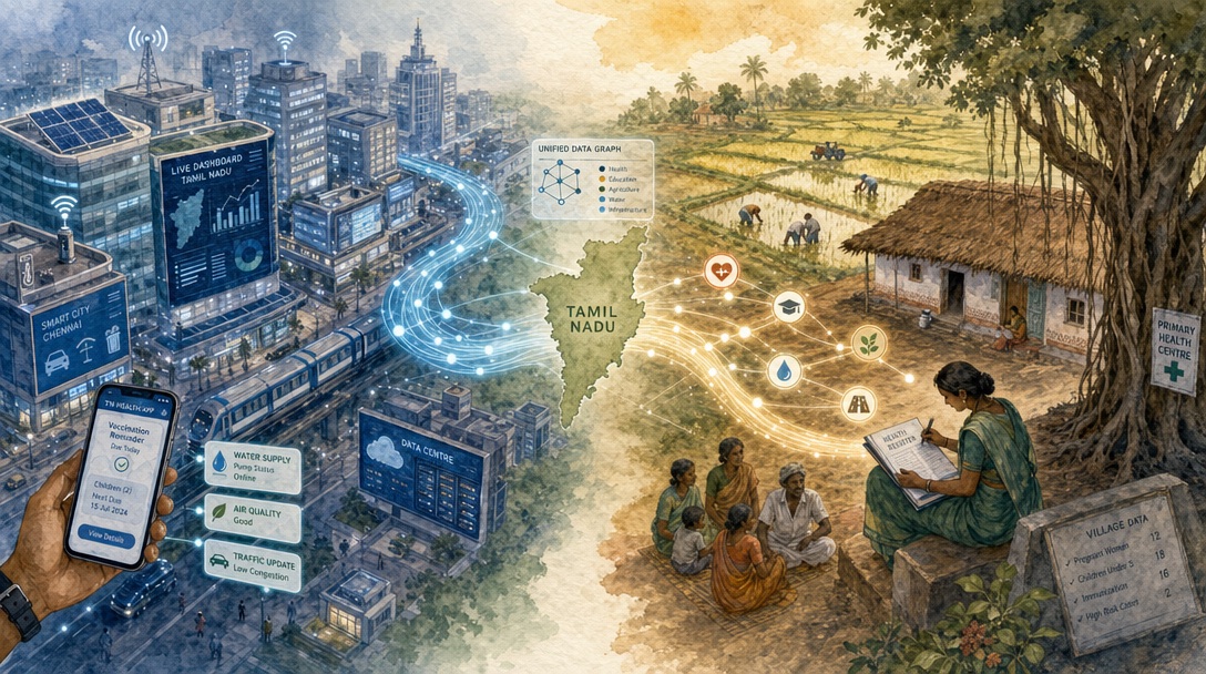 Split illustration: urban Chennai with digital dashboards on the left, rural Tamil Nadu village with health worker under a banyan tree on the right, connected by a unified data graph