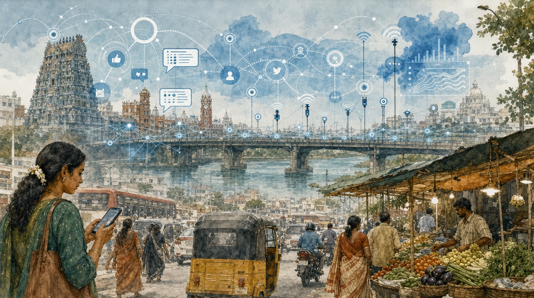 Watercolor illustration of a South Indian city street with digital signal overlays — social media icons, IoT sensors on a bridge, complaint bubbles floating above citizens going about their day