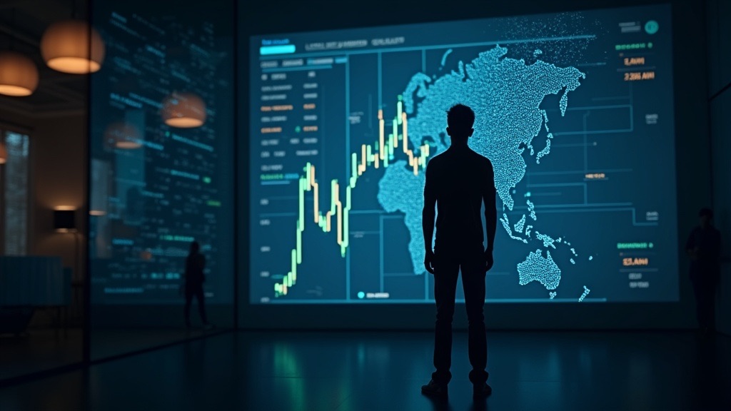 A person silhouetted against a luminous screen displaying a data-driven self-portrait