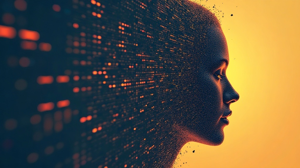 Abstract data streams converging to form a human silhouette — identity shaped by digital footprints
