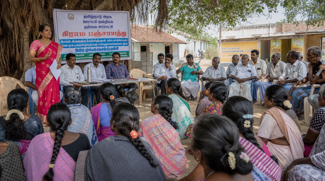 A district collector's office in Tamil Nadu with citizens queuing for public hearings