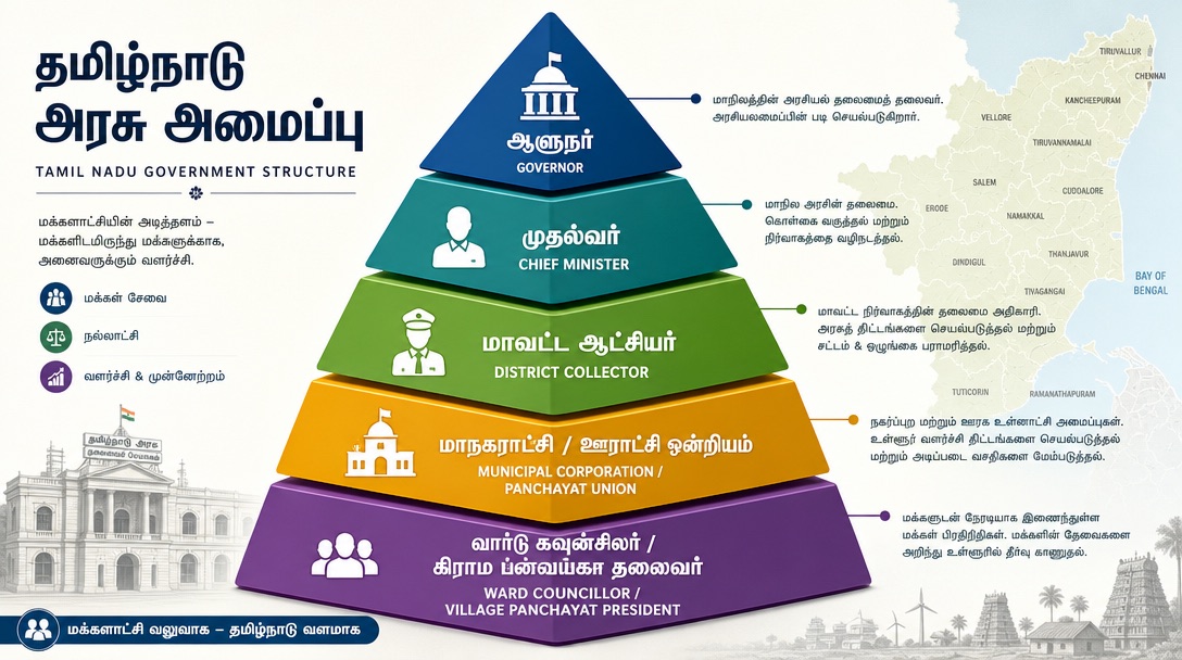 An infographic-style illustration showing the layers of Tamil Nadu government hierarchy