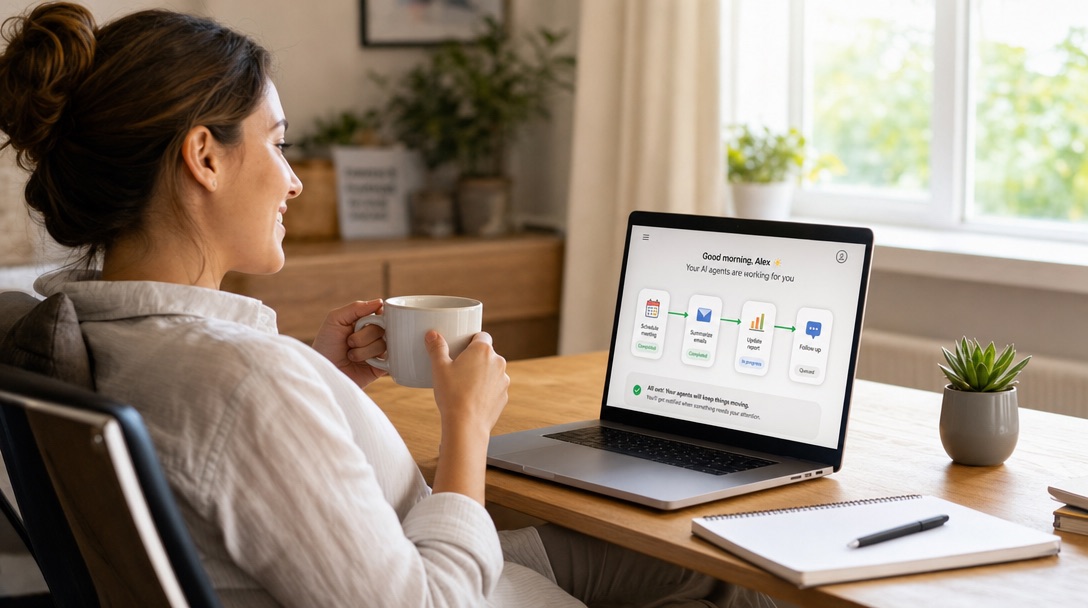 A person at a desk watching an AI agent orchestrate tasks on multiple screens — calendar, email, data charts — while they sip coffee